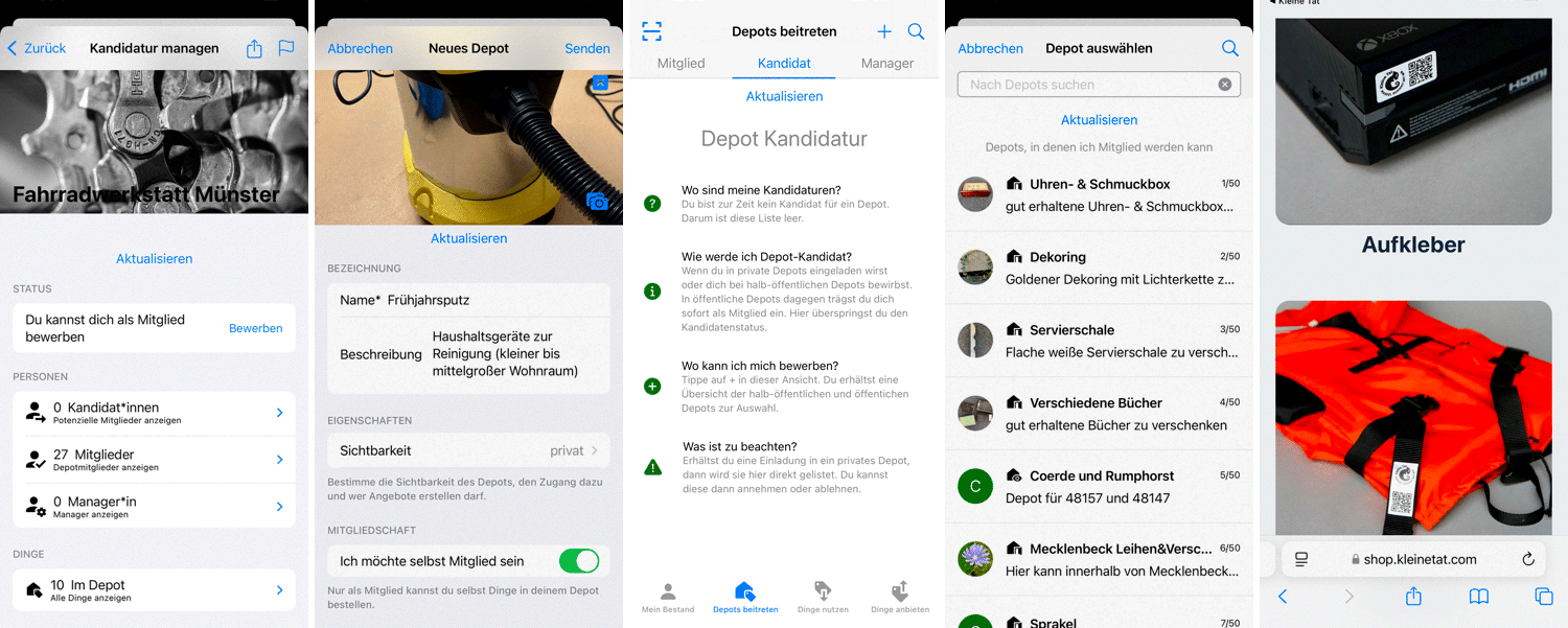 Screenshots verschiedener Funktionen in der App KLEINE TAT