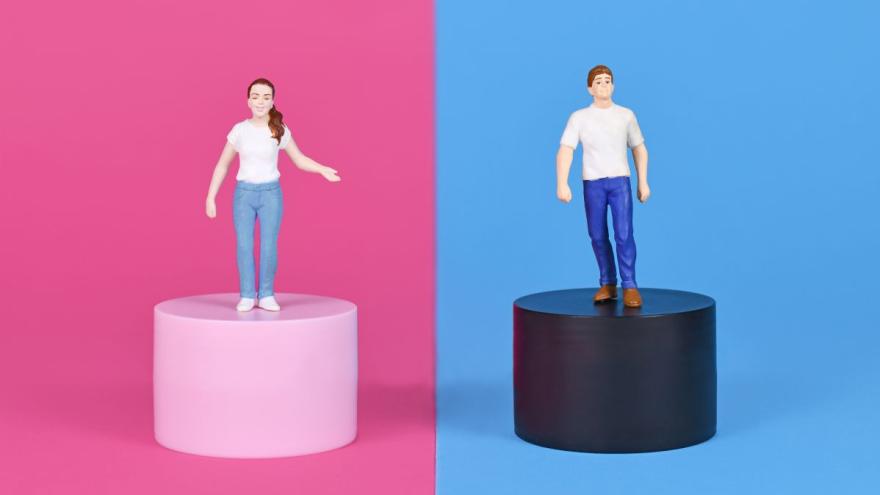 Zwei Spielfiguren, eine weibliche und eine männliche, stehen auf getrennten Sockeln vor einem geteilten Hintergrund. Die Frau steht auf einem rosa Sockel vor einem rosa Hintergrund, während der Mann auf einem schwarzen Sockel vor einem blauen Hintergrund steht. Beide tragen weisse T-Shirts und blaue Hosen.